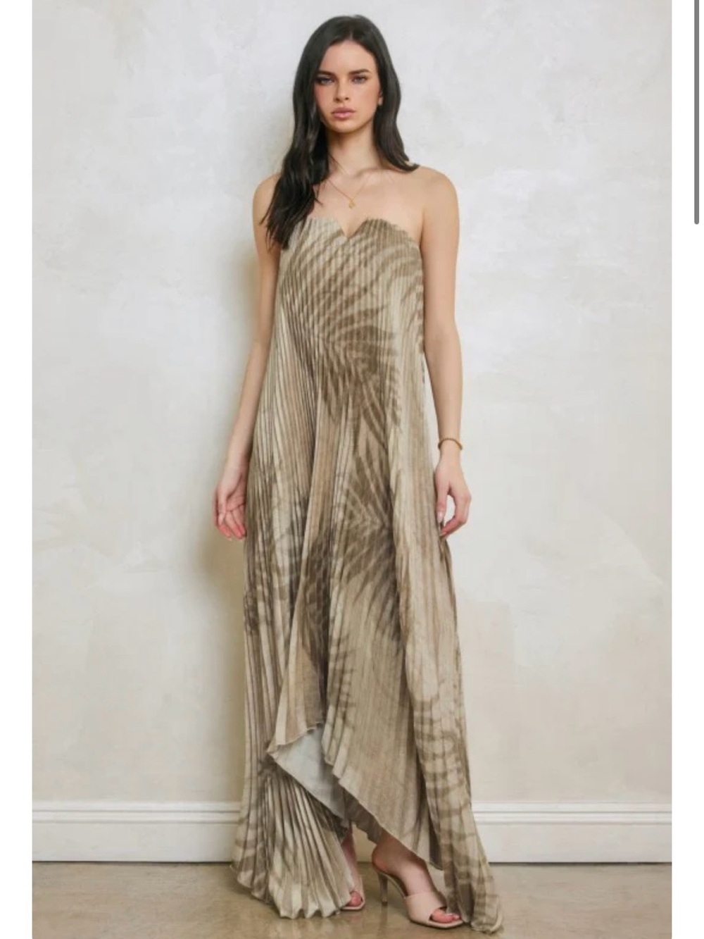 Strapless Pleated Maxi Dress in Taupe